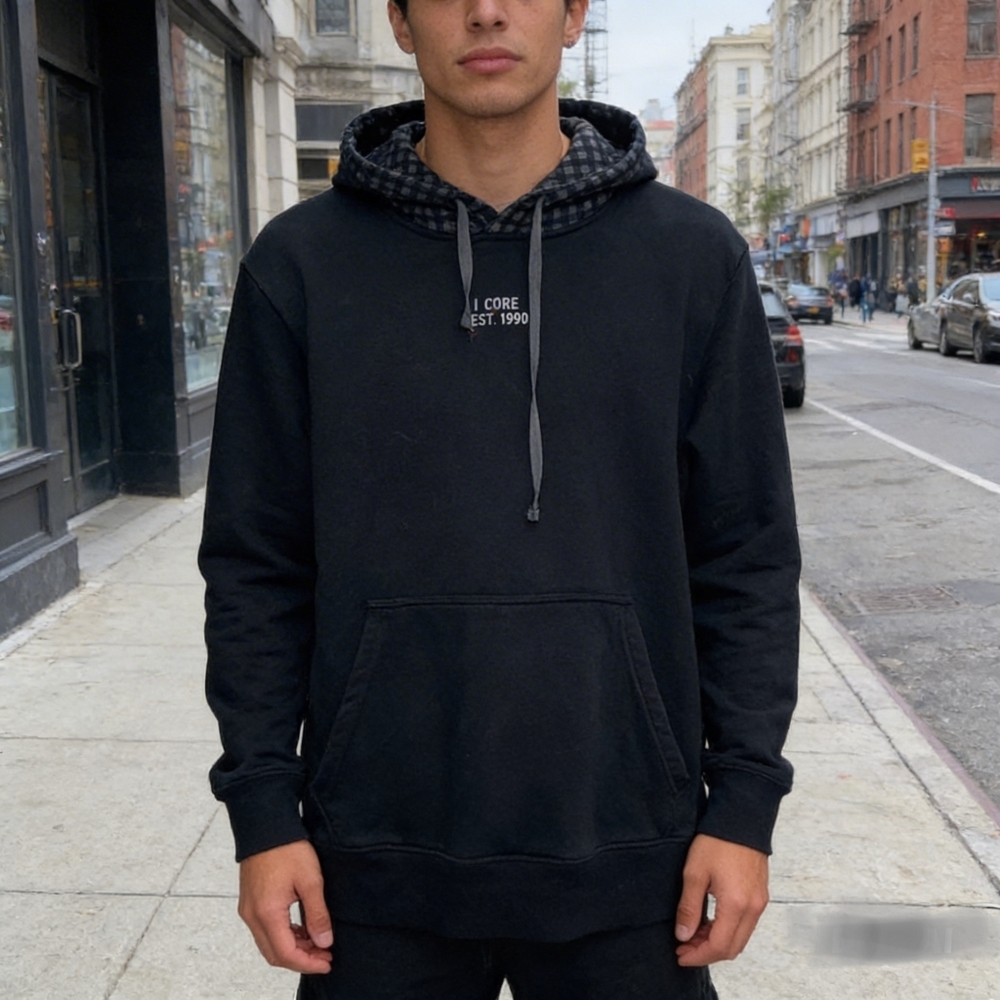 Jack & Jones Core Hoodie Size L Black Pullover Sweatshirt Check Hood